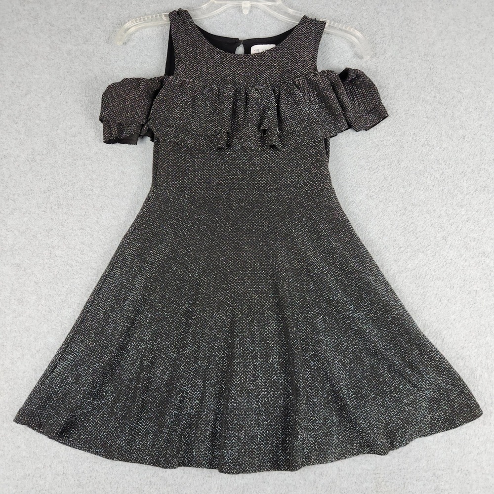 The Children's Place Dress Girls M 7/8 Black Silver Shimmer Ruffle Cold Shoulder